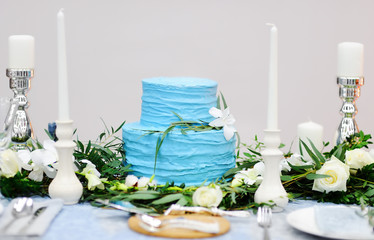 Elegant table set with cake on wedding party