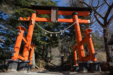 Torii Japanese tradition gate from step up way to Arakura Sengen Shrine Chureito pagoda