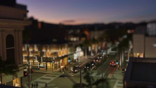 BEVERLY HILLS, CA - Circa February, 2016: A night tilt shift time lapse of Rodeo Drive.	