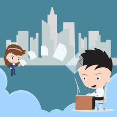 Business man send document, fire sharing to woman via cloud computing technology concept with desktop PC, vector illustration in flat design