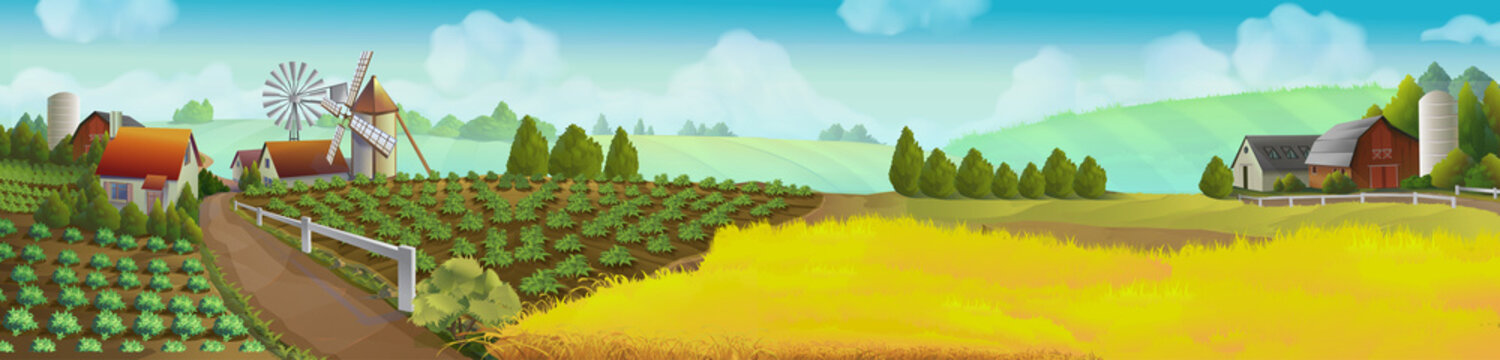 Farm, panorama landscape, vector background