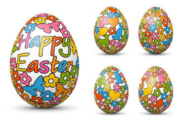 Happy Easter - Vector Ostereier Set mit bunten, fröhlichen Frühlingssymbolen im Cartoon Stil. Verschiedene farbige Variationen. Eier, Frühling, Symbole. Easter Egg Collection - Frohe Ostern Englisch.
