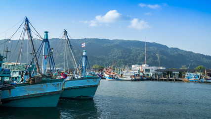 Fototapeta premium Fishing boats moor at Khanom port , Thailand