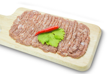 Raw minced pork on cutting board,clipping path