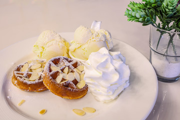 waffle with ice cream, chocolate and vanilla on white plate