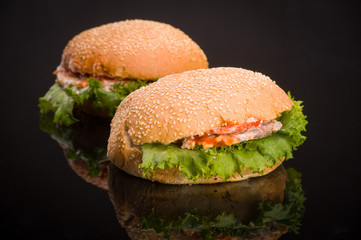Two hamburger, black background