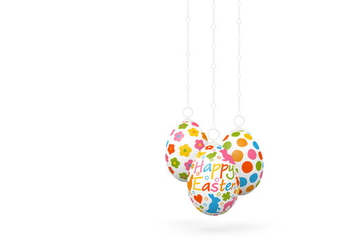 Happy Easter - Drei hängende, verzierte, dekorative Ostereier isoliert auf weißem Hintergrund. Vorlage für Ostergrußkarten. Ostern, Ostergrüße, Grußkarte - Frohe Ostern - Three Hanging Easter Eggs.