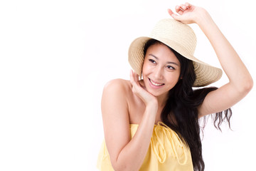 happy, smiling beautiful woman in summer dress looking up