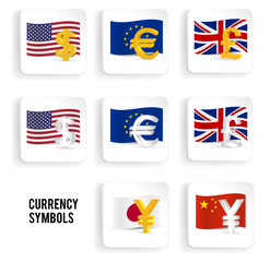 Currency symbols icon set: dollar, euro, pound, yuan, yen with flags. Vector illustration.