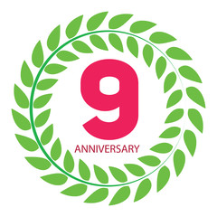 Template Logo 9 Anniversary in Laurel Wreath Vector Illustration