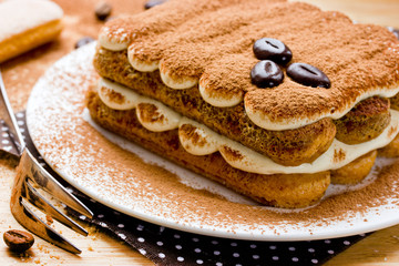 Homemade tiramisu dessert close-up