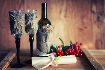 tone wine glasses invitation wooden background