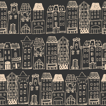 Seamless pattern with hand-drawn European architecture.