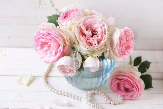 Background with sweet pink roses flowers  in blue vase on white