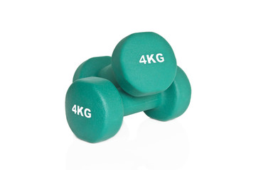 Fitness dumbbells. Green 4 kg dumbbells isolated on white background. Weights for a fitness training.