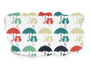 Safety concept: Family And Umbrella icons on Torn Paper background