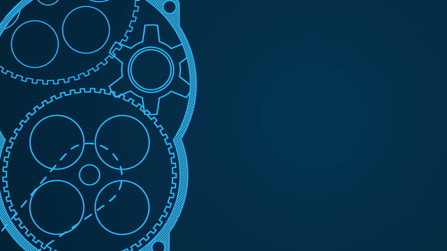 Technology concept with animated gears on dark blue background. 4K video animation.