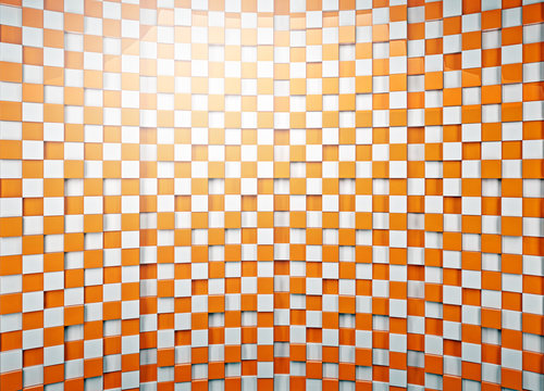 3d checkered background in orange and white tone. 3d pattern checkered background. Render picture, template and background for presentation and design.