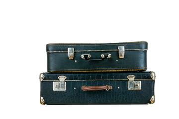 Set of old suitcases. Black retro suitcase. Vintage baggage. Vintage travel bags.