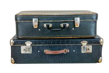 Set of old suitcases. Black retro suitcase. Vintage baggage. Vintage travel bags.