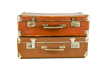 Set of old suitcases. Brown retro suitcase. Vintage baggage. Vintage travel bags.