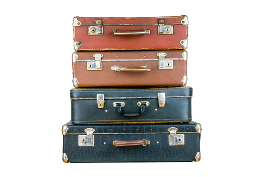 Set of old suitcases. Brown and black retro suitcase. Vintage baggage. Vintage travel bags.