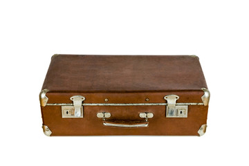 Old shabby brown suitcase with angle bars. Retro suitcase. Vintage baggage. Vintage travel bag.