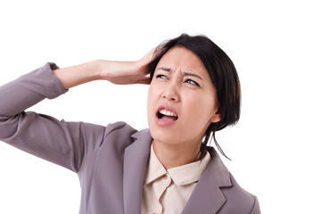 surprised, upset, frustrated businesswoman looking up