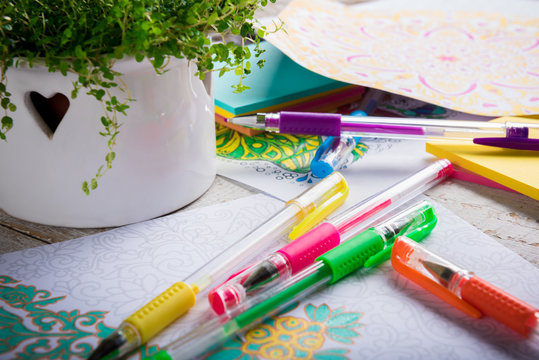 Adult coloring books, new stress relieving trend, mindfulness concept