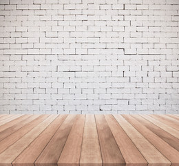 white brick wall and wooden floor texture background