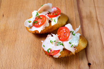 the bruschetta juicy tomatoes on fresh bread