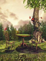 Stolik i krzesła porośnięte mchem na wiosennej łące z drzewem i motylami