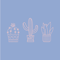 Plants and Cactuses in Pots. Linear Vector Set