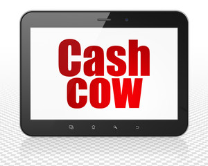 Business concept: Tablet Pc Computer with Cash Cow on display