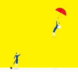 Stop or upward / One business woman holds a bulb and fly to the sky.