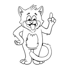 Black and white illustration of funny cartoon cat who shows his tongue