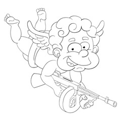 Funny little cupid with magic submachine gun to make mass falling in love effect