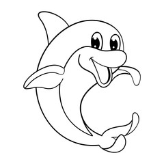 Black and white illustration of smiling dolphin who stands  on his tail