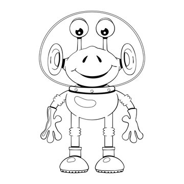 Black and white illustration of funny cartoon alien in spacesuit on white background