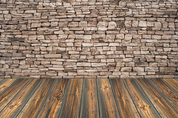 stone wall background with wooden slats floor