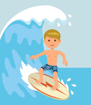 Boy surfer rides on the waves. Concept design of a summer holidays by the ocean