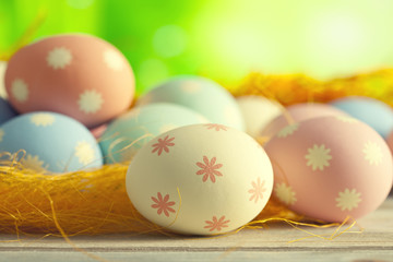 Colored Easter eggs in the nest on nature background