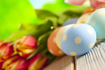 Easter eggs and colorful spring flowers on nature background