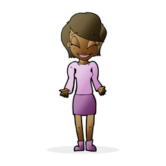 cartoon happy woman shrugging shoulders