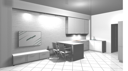 white interior design modern kitchen 3D rendering