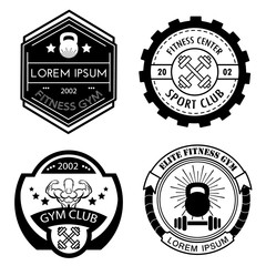 Set of different sports and fitness black and white logo templates. Gym logotypes. Athletic labels and badges made in vector. Bodybuilder, fit man, athlete icon.