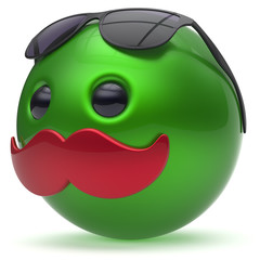 Cartoon mustache face emoticon ball happy joyful handsome person red green black sunglasses caricature. Cheerful eyeglasses laughing fun sphere positive smiley character avatar. 3d render isolated