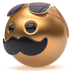 Cartoon mustache face emoticon ball happy joyful handsome person black golden sunglasses caricature. Cheerful eyeglasses laughing fun sphere positive smiley character avatar. 3d render isolated