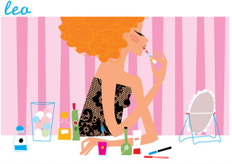 Beautiful woman making lipstick. Make up illustration. Leo horoscope sign