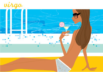 Sexy young woman with cocktail lying near swimming pool. Virgo horoscope